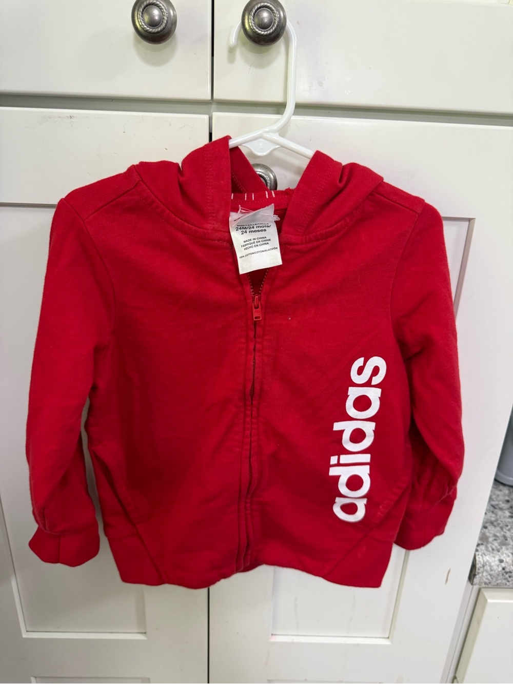 adidas Red Kids Full-Zip Hoodie with Vertical Logo